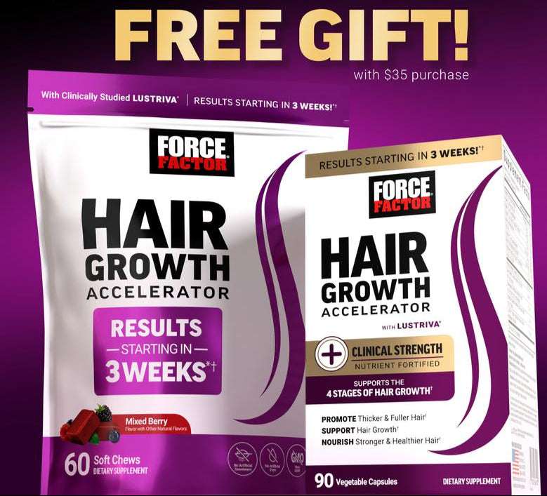 Force Factor Hair Growth Accelerator with Clinically Proven Lustriva to Promote Thicker, Stronger Hair, Biotin, Vitamin E & C, Mixed Berry, 60 Silicon