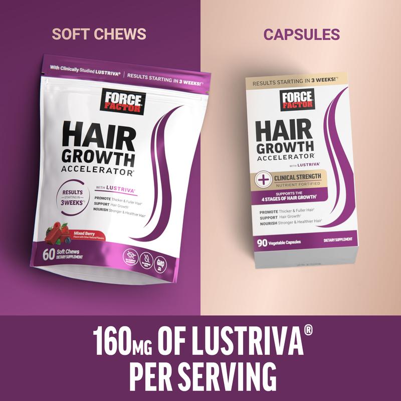 Force Factor Hair Growth Accelerator with Clinically Proven Lustriva to Promote Thicker, Stronger Hair, Biotin, Vitamin E & C, Mixed Berry, 60 Silicon