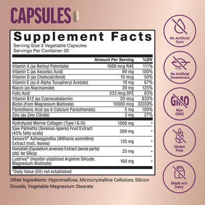 Force Factor Hair Growth Accelerator with Clinically Proven Lustriva to Promote Thicker, Stronger Hair, Biotin, Vitamin E & C, Mixed Berry, 60 Silicon