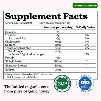 Women’s Multi-Mineral Honey Sticks 🍓 Shilajit, Shatavari & Saffron | Hormonal Balance & Energy | 30 Pack