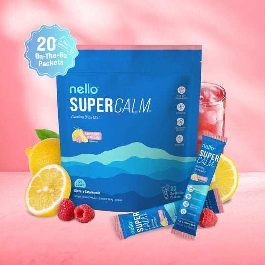 Nello Supercalm 🌿 Calming Drink Mix | With Ashwagandha, Vitamin D3, Magnesium & L-Theanine | Supports Stress Relief, Mood & Sleep | 20 Travel Packets