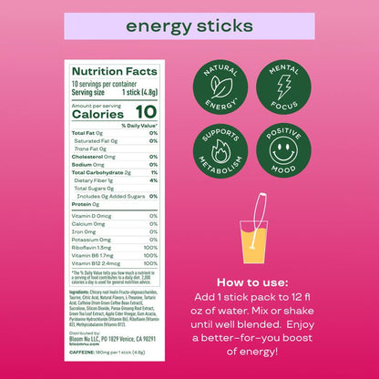 Bloom Nutrition Energy Sticks (10 Sticks) – Focus & Metabolism Support – Natural Caffeine & B Vitamins