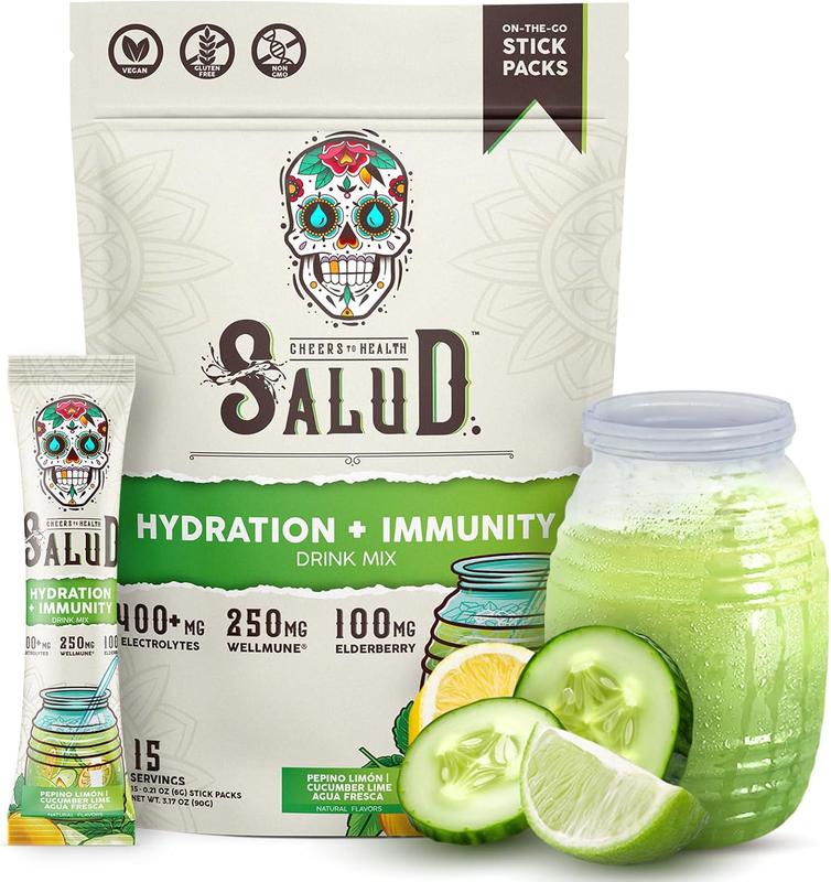 Salud Hydration + Immunity Packets 🥒💧 Cucumber Lime Electrolyte Drink Mix | Vegan, Low Calorie, 15 Servings