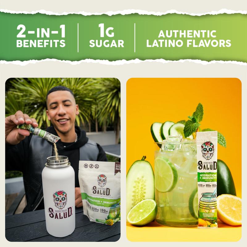 Salud Hydration + Immunity Packets 🥒💧 Cucumber Lime Electrolyte Drink Mix | Vegan, Low Calorie, 15 Servings