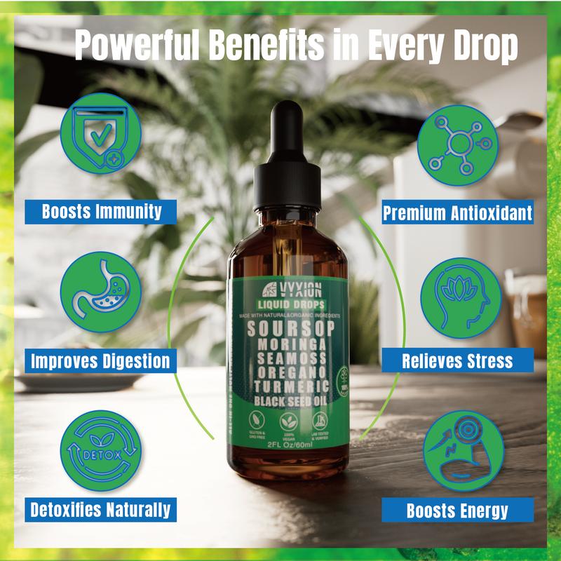 🌿 VYXION Pure Soursop 10-in-1 Liquid Drops – Seamoss, Moringa, Black Seed & Turmeric Blend for Natural Wellness & Energy Boost 💧